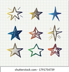 Set of color hand drawn doodle stars in isolated on white background