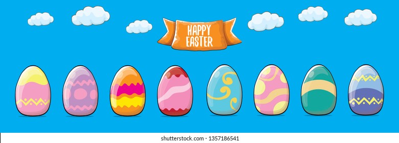 Set of color hand drawn Easter eggs with different texture isolated on a blue horizontal banner background with clouds .Spring holiday. Vector Illustration.Happy easter eggs 