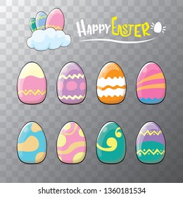 Set of color hand drawn Easter eggs with different texture isolated on transparent background.Spring holiday. Vector Illustration.Happy easter eggs