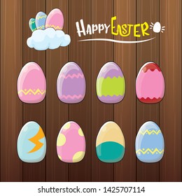 Set of color hand drawn Easter eggs with different texture isolated on wooden  background. Spring holiday.  Vector Illustration. Happy easter eggs 