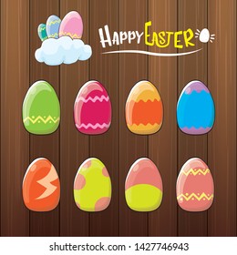 Set of color hand drawn Easter eggs with different texture isolated on wooden background. Spring holiday. Vector Illustration. Happy easter eggs