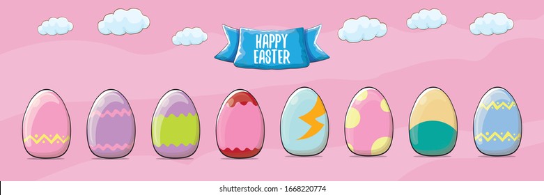 Conjunto de huevos de Pascua pintados a mano con diferentes texturas aislados en un fondo de banner horizontal rosa con nubes. Vacaciones de primavera. Ilustración vectorial.Huevos felices de Pascua