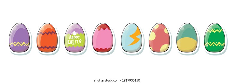 Set of color hand drawn Easter eggs with different texture isolated on white background.Spring holiday. Vector Illustration.Happy easter eggs horizontal banner