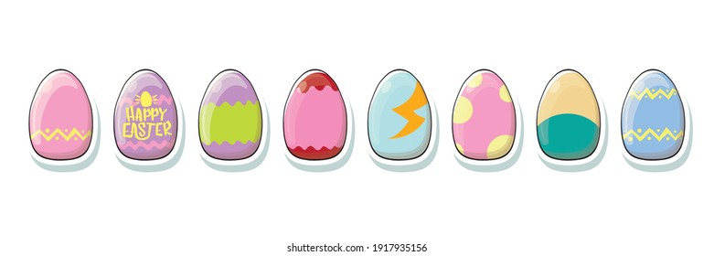 Set of color hand drawn Easter eggs with different texture isolated on white background.Spring holiday. Vector Illustration.Happy easter eggs horizontal banner