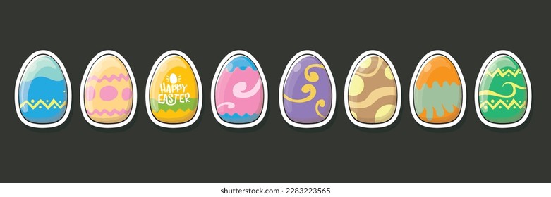Set of color hand drawn Easter eggs with different texture isolated on grey background. Spring holiday. Vector Illustration. Happy easter eggs horizontal banner
