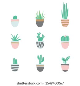 Set of color hand drawn house plants cactuses. Cute flowerpots. Succulent and cacti flat collection. Textile and background design with desert plants.