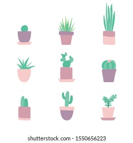 Set of color hand drawn house plants cactuses. Cute flowerpots. Succulent and cacti flat collection. Textile and background design with desert plants.