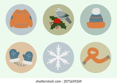 Set of color hand drawn illustration for social media. Winter clothes, snowflakes and bird. Highlights covers design.