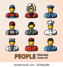 Set of color hand drawn people faces of different professions - cook, worker, pilot, law man, call operator, delivery man, doctor, doorman, clerk.