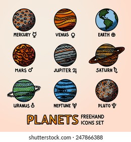 Set of color hand drawn planet icons with names and astronomical symbols - mercury, venus, earth, mars, jupiter, saturn, uranus, neptune, pluto. Vector