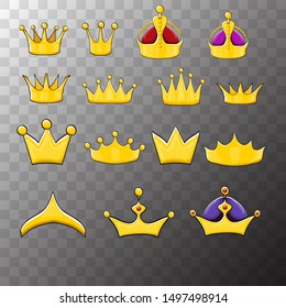 Set of color hand drawn queen or king  crowns isolated on transparent background. doodle crown collection