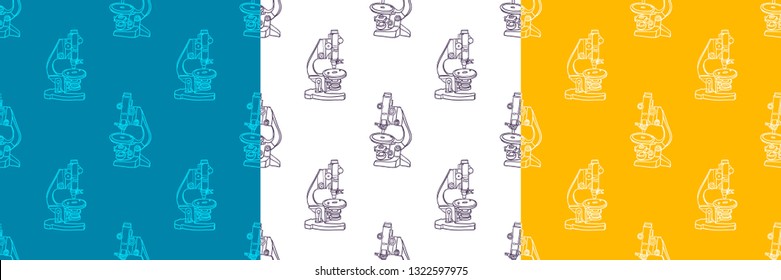 Set of color hand drawn seamless vector pattern with Microscope icon Science elements. Wallpaper for girls, boys, clothes. Creative background for textile and fabric. Fashion style