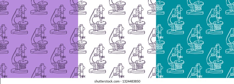 Set of color hand drawn seamless vector pattern with Microscope icon Science elements. Wallpaper for girls, boys, clothes. Creative background for textile and fabric. Fashion style