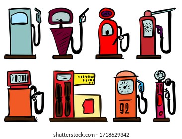 set of color hand drawn vector illustrations - refueling column