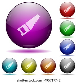 Set of color hand saw glass sphere buttons with shadows.