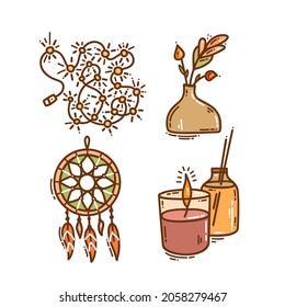 Set of color hand-drawn autumn hygge mood vector icons in doodle style. Cozy cute cartoon elements collection isolated on white background for seasonal decoration.