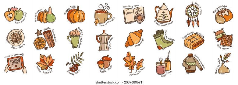 Set of color hand-drawn autumn mood vector icons in doodle style. Cozy cute cartoon collection isolated on white background for seasonal decoration.	