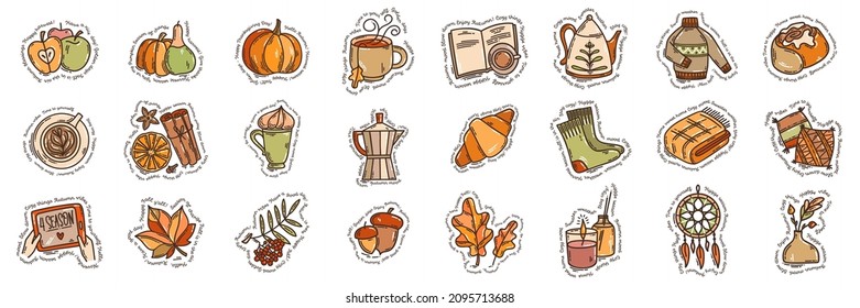 Set of color hand-drawn autumn mood vector doodle style illustrations. Cozy cute cartoon collection isolated on white background for seasonal decoration.