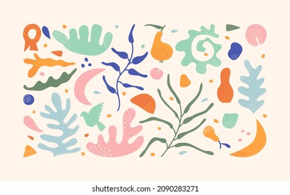 Set of color hand-drawn organic shapes in Matisse style. Abstract objects with textures, bird, shell, pear, coral, moon.