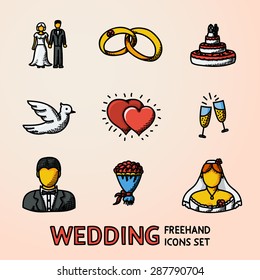 Set of color handdrawn wedding icons - cake, flowers, dove, champagne, rings, couple, bride, hearts, groom. Vector
