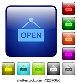 Set of color hanging open sign glass web buttons.