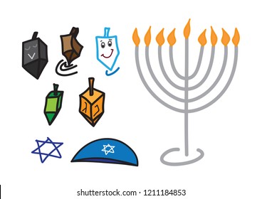 Set of color Hanukkah Jewish holiday Hand drawn symbols on white background
