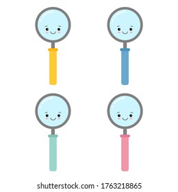 Set of Color Happy magnifying glass, cute not found symbol, successful search, zoom, results found while searching.