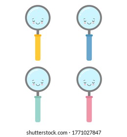 Set of Color Happy sleeping magnifying glass, cute not found symbol, successful search, zoom, results found while searching.