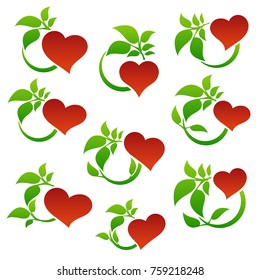 Set of color heart and leaf logo template. Love heart icon.
