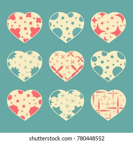 Set of color hearts isolated on blue green background. With abstract pattern. Simple flat vector illustration. Suitable for greeting card, weddings, holidays, sites.