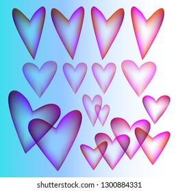 Set of color hearts with transparent effect isolated on gradient background. Digital symbols of love for create Happy Womens, Mothers, Valentines Day, birthday greeting card, wedding.