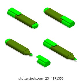 Set of color highlighter marker or text liner. 3D isometric illustration. Office, home, school, and industrial utensils and supplies. 