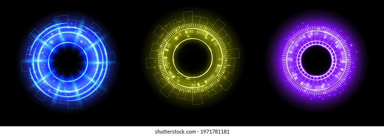 Set of color hologram portal. Magic fantasy portal. Magic circle with halo effect. Vector color glow scifi teleport with sparks and hologram, technology background