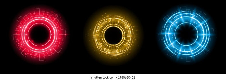 Set Of Color Hologram Portal. Magic Fantasy Portal. Magic Circle With Halo Effect. Vector Color Glow Scifi Teleport With Sparks And Hologram, Technology Background