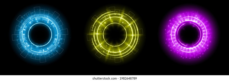 Set of color hologram portal. Magic fantasy portal. Magic circle with halo effect. Vector color glow scifi teleport with sparks and hologram, technology background