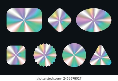 Set of color holographic sticker templates, label with holographic effect. Shiny rainbow emblems in different shapes. Vector illustration EPS10