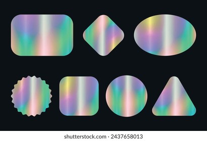 Set of color holographic sticker templates, label with holographic effect. Shiny rainbow emblems in different shapes. Vector illustration EPS10