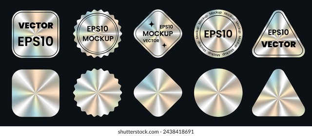 Set of color holographic sticker templates, label with holographic effect. Shiny rainbow emblems in different shapes. Vector illustration EPS10