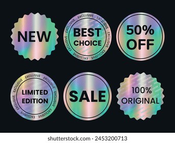 Set of color holographic sticker templates, label with holographic effect. Shiny rainbow emblems Limited Edition, New, 50% off, Best Choice, Sale. Vector illustration EPS10

