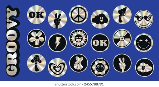 Set of color holographic sticker templates, label with holographic effect. Shiny rainbow emblems with a round shape. Retro style, groovy, 90s, 70s, 60s.  Sun, smile, glasses.Vector illustration EPS10