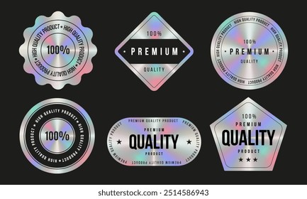 Conjunto de Plantillas adhesivas holográficas de color, etiqueta con efecto holográfico. Brillantes emblemas de arco iris para productos de calidad premium. Ilustración vectorial