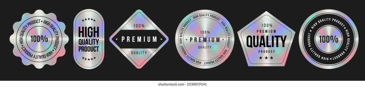 Set of color holographic sticker templates, label with holographic effect. Shiny rainbow emblems for premium quality product. Vector illustration