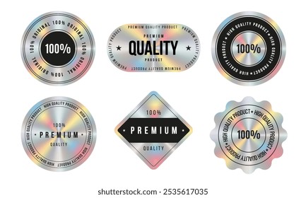 Set of color holographic sticker templates, label with holographic effect. Shiny rainbow emblems for premium quality product. Vector illustration