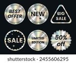 Set of color holographic stickers templates, label with holographic effect. Shiny rainbow emblems Limited Edition, New, 50% off, Best offer, big Sale. Style of the 90s. Vector illustration EPS10

