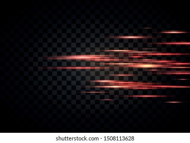 Set of color horizontal rays, lens, lines. Laser beams. Orange, red luminous abstract sparkling lined on a transparent background. Light flares, effect. Vector