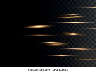 Set of color horizontal rays, lens, lines. Laser beams. Yellow, gold luminous abstract sparkling lined on a transparent background. Light flares, effect. Vector