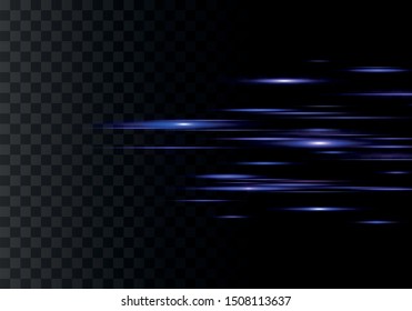 Set of color horizontal rays, lens, lines. Laser beams. Blue, purple luminous abstract sparkling lined transparent background. Light flares, effect. Vector