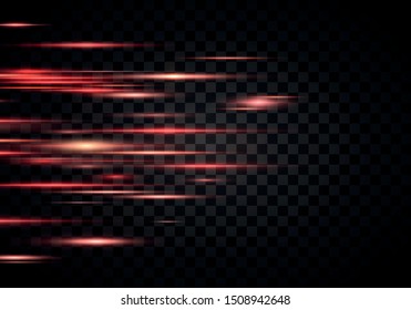 Set of color horizontal rays, lens, lines. Laser beams. Orange, red luminous abstract sparkling lined on a transparent background. Light flares, effect. Vector