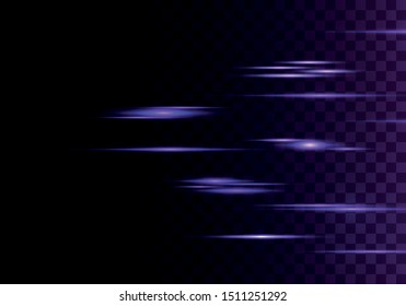 Set of color horizontal rays, lens, lines. Laser beams. Blue, purple luminous abstract sparkling lined transparent background. Light flares, effect. Vector