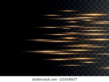 Set of color horizontal rays, lens, lines. Laser beams. Yellow, gold luminous abstract sparkling lined on a transparent background. Light flares, effect. Vector